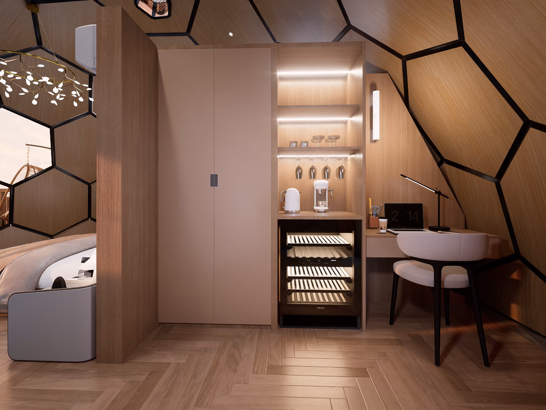 A wet bar with a wine fridge, a small desk and chair beside the entrance, afternoon light across the herringbone floor