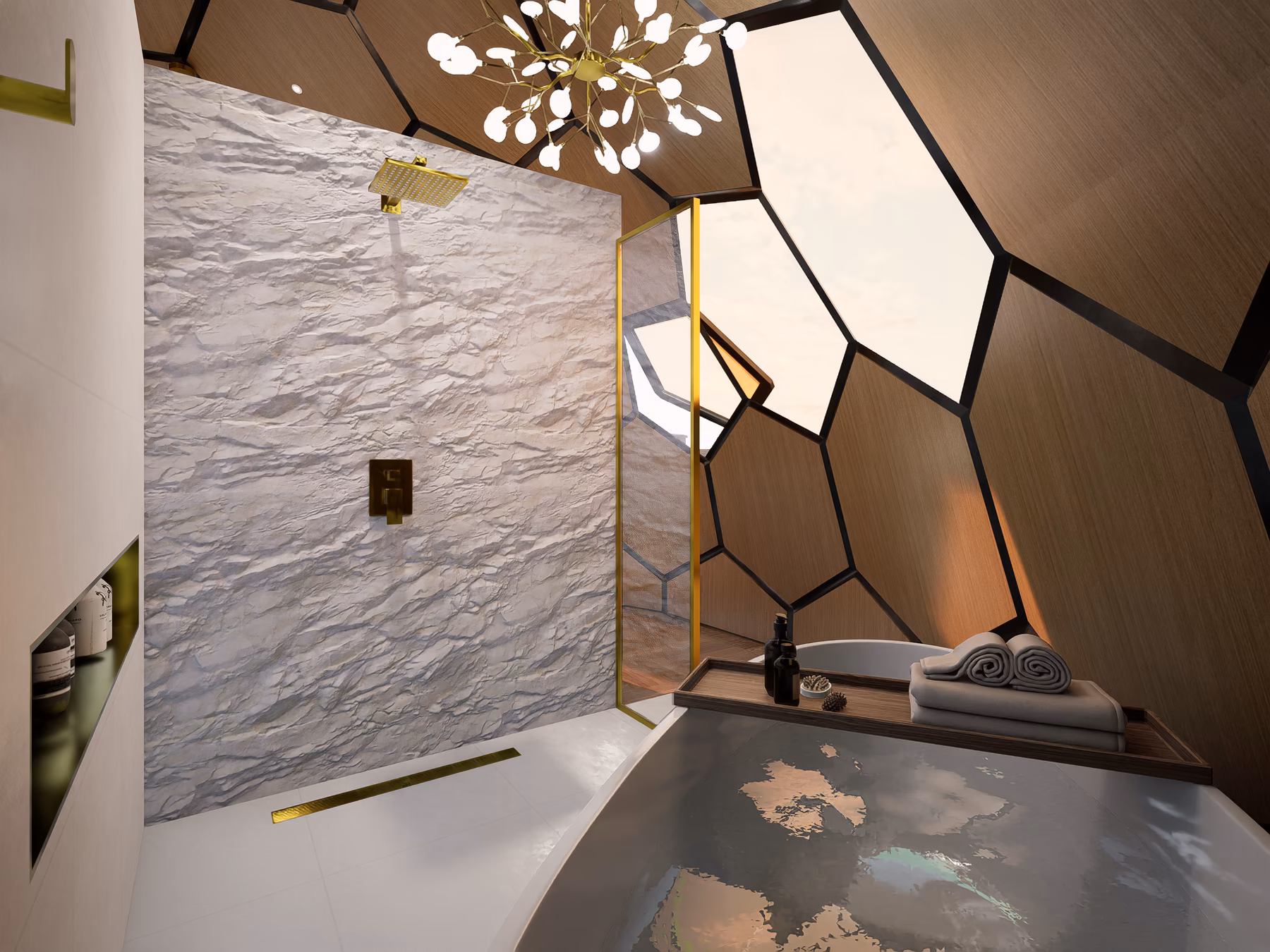 Walk-in stone shower wall with a brass rain head