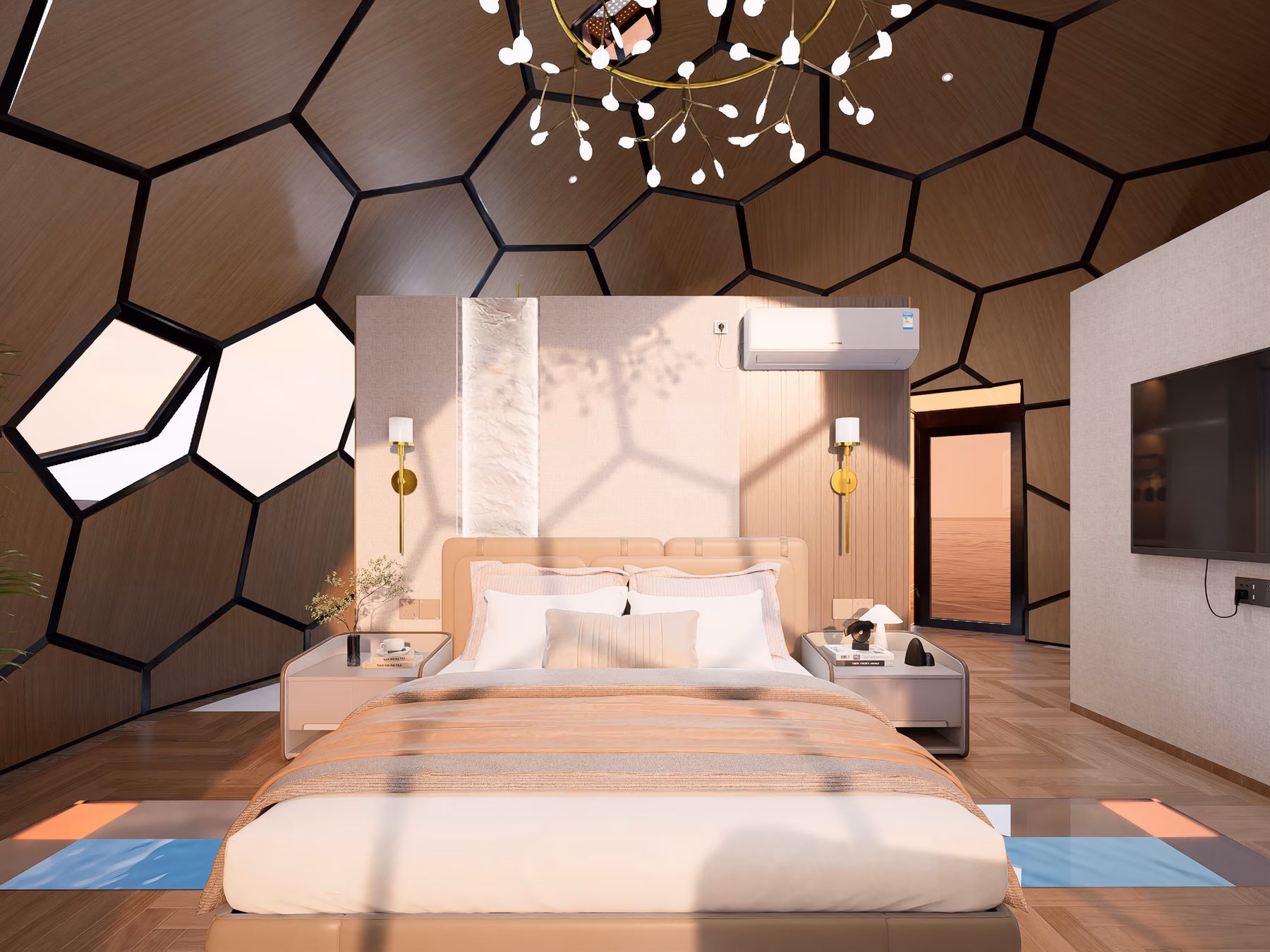 The bed at golden hour, a chandelier overhead, sconces lit, the warm honeycomb shell above