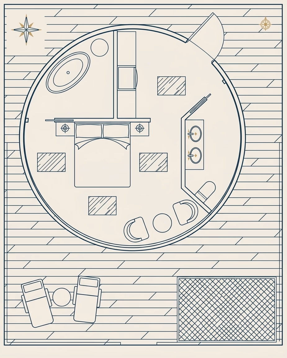Floor plan of the overwater dome, a circle drawn around a king bed, ensuite, lounge, wet bar, and private deck