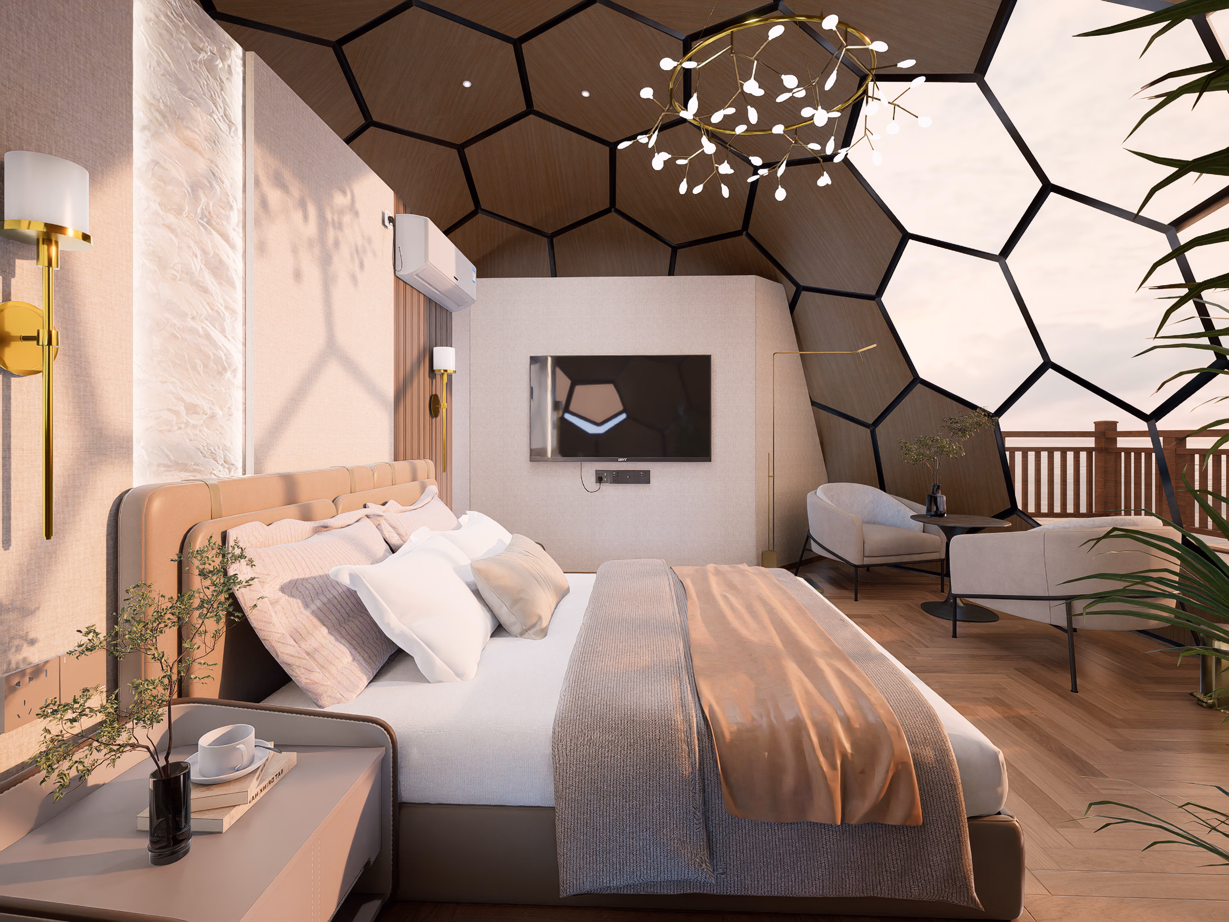 An overwater dome interior at first light: king bed, lounge area, and a glass dome wall opening onto the calm Caribbean