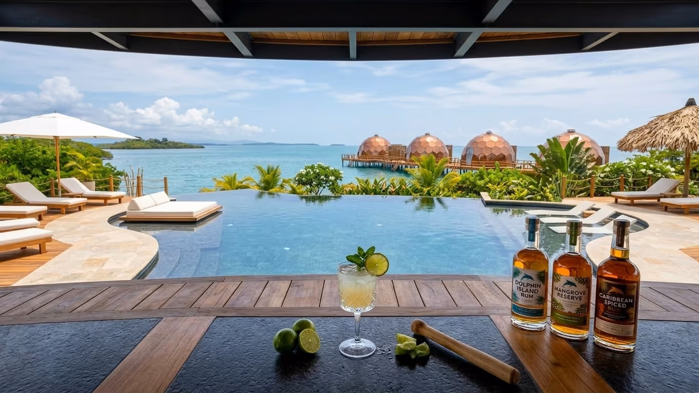 El bar de la isla con ron local y cítricos frescos, render