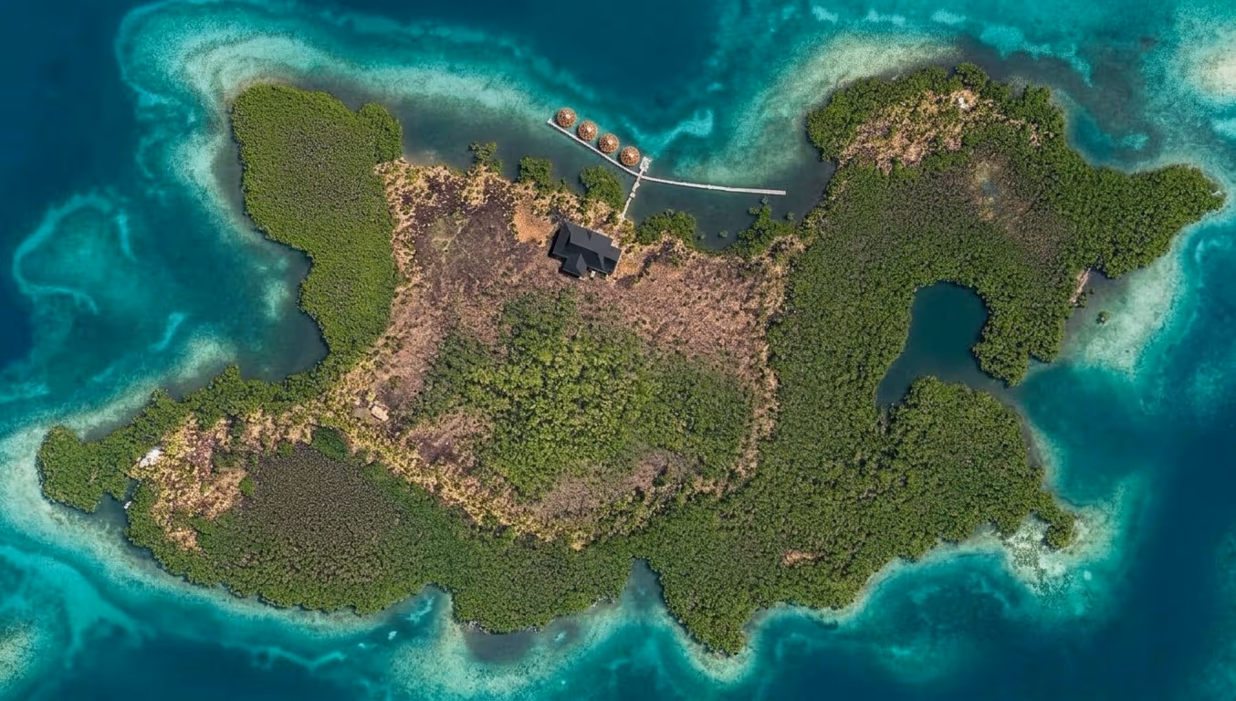 Render aéreo cenital de Sera Island Resort en el Caribe