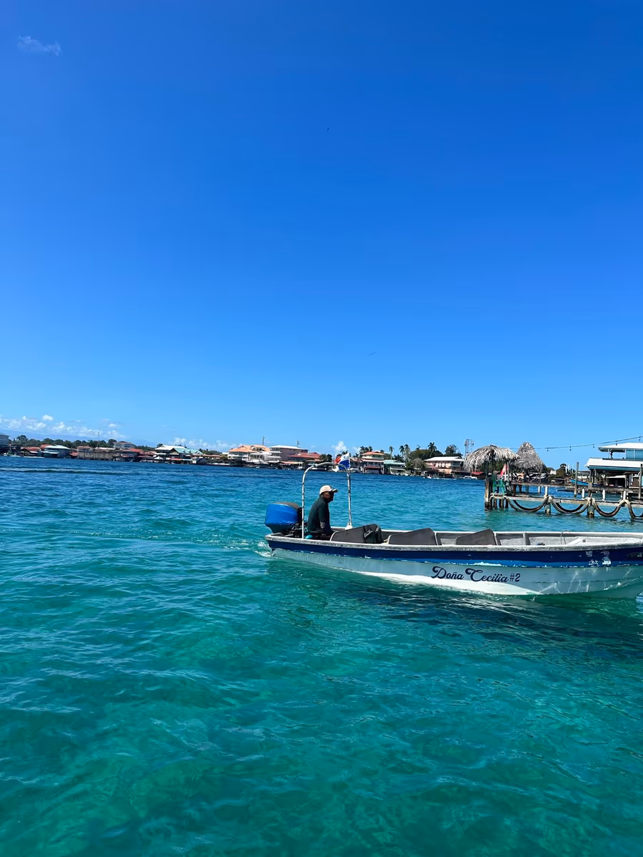 Una panga sobre aguas turquesas con el malecón de Bocas Town al fondo