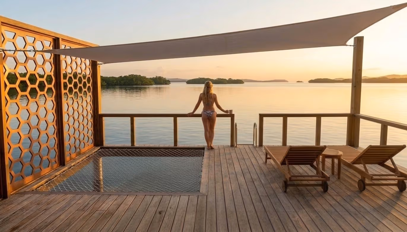 Café matutino en una terraza privada sobre el agua al amanecer, render