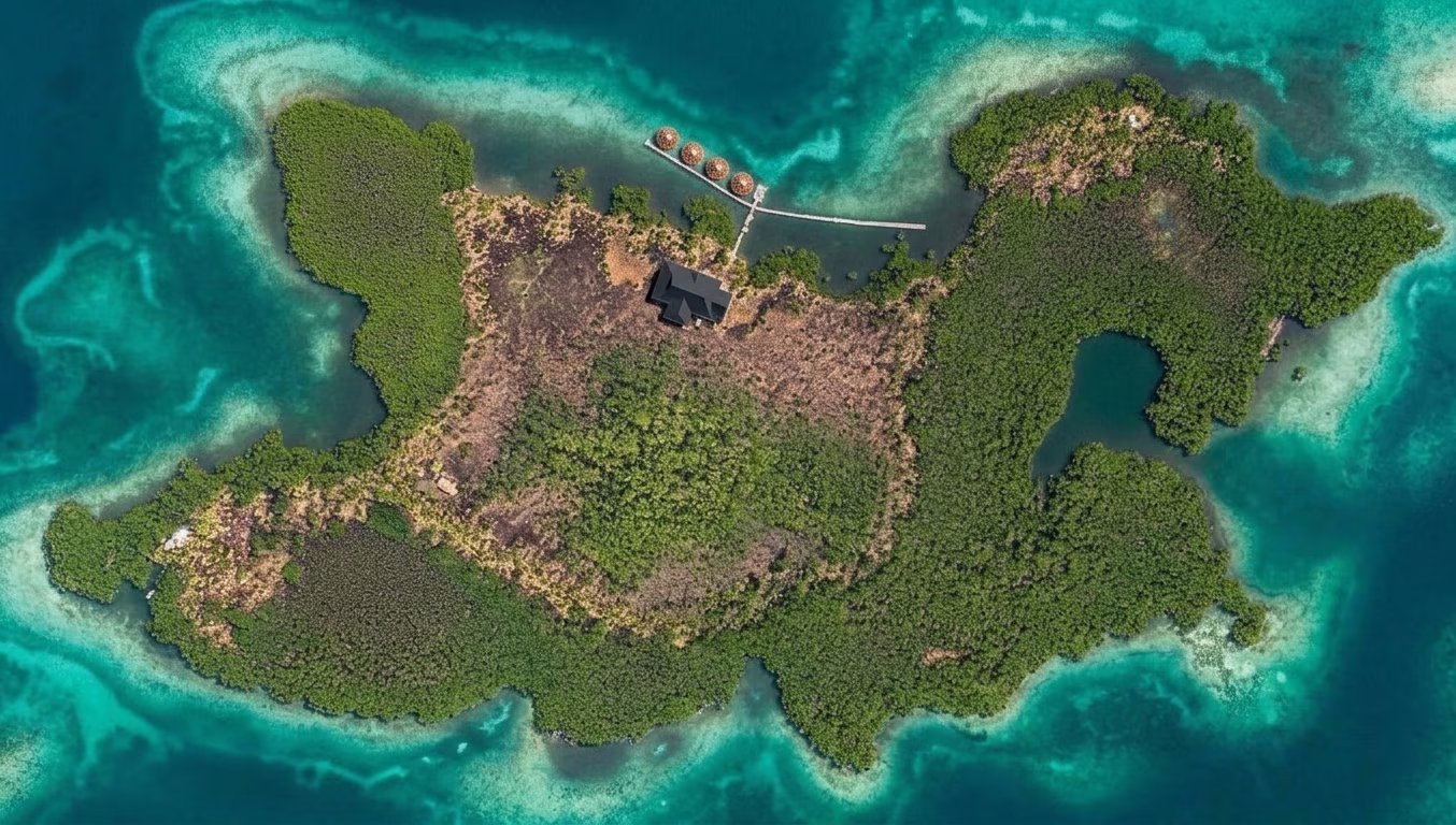 Top-down aerial view of Sera Island Resort, a private island in Bocas del Toro