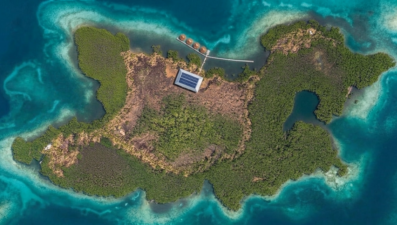 Aerial top-down view of Sera Island Resort showing the community hub with solar panels and the overwater dome dock, with four camera positions marked
