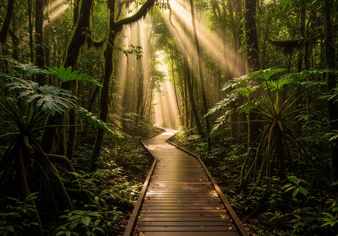 Wooden boardwalk winding through ancient Caribbean rainforest, Bocas del Toro