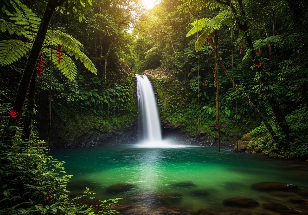 Hidden jungle waterfall with emerald pool, Bocas del Toro
